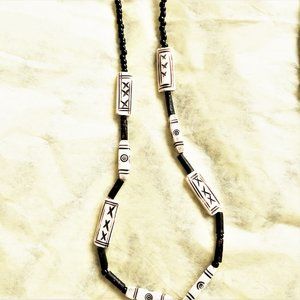 NEW Necklace Unique Hand beaded 18" Unisex BlK bead spacers 1"faux ivory beads